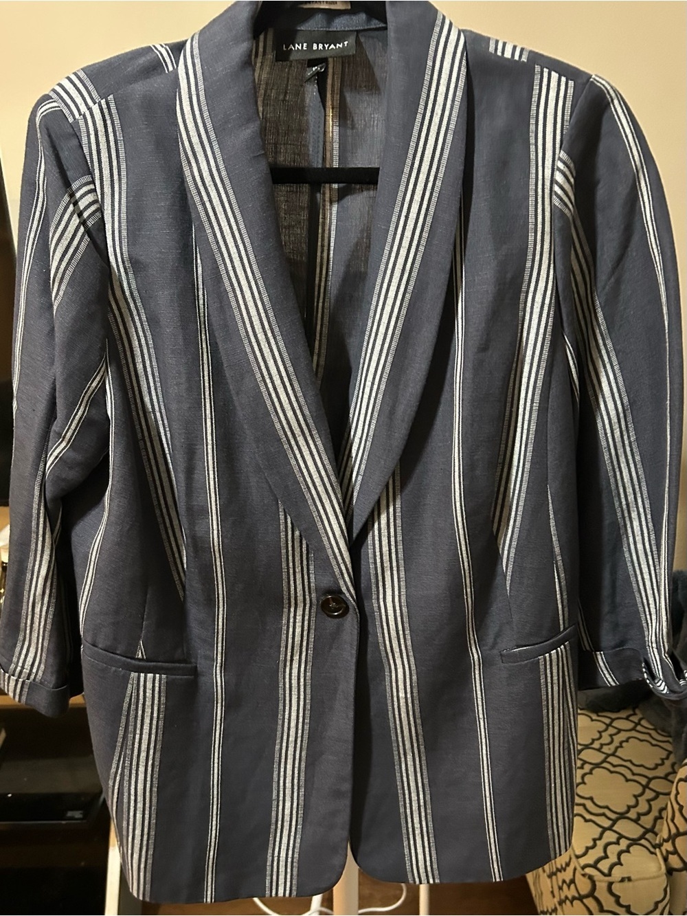 Lane Bryant Navy and White Vertical-Stripe Blazer